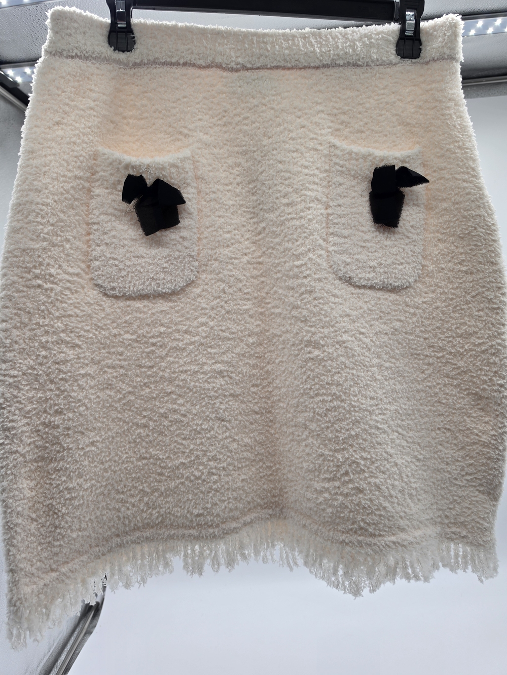 Adrianna Papell Cream Bouclé Mini Skirt with Black Bow Pockets